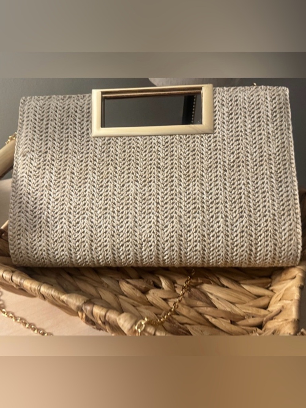 Woven Straw Clutch with Gold Rectangular Handle - Neutral